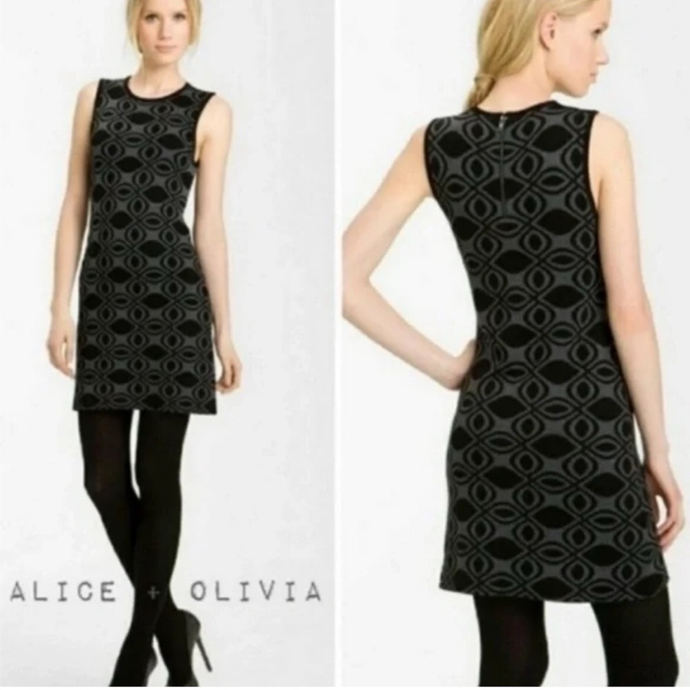 ✨ Alice + Olivia Merino Wool Black & Gray Geometric Shift Dress – Size 10 ✨